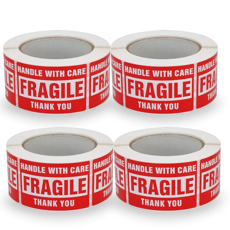 BETCKEY 4 Rolls/2000 Labels,Handle with Care Fragile Thank You, Red Warning Shipping Label Stickers (2" x 3") - Image 1